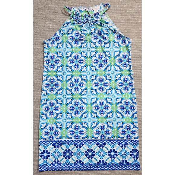London Times Dresses & Skirts - London Times Blue Green Tile Print Ruffle Halter Shift Dress Womens Size 6
